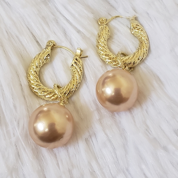 Goldtone Pearl Hoop Earrings - Picture 3 of 3